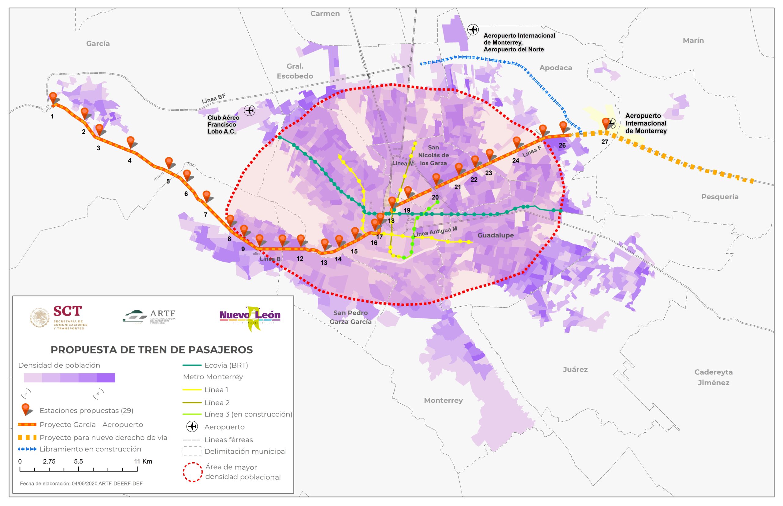 Linienverlauf der geplanten neuen S-Bahn-Verbindung in Monterrey, Mexiko