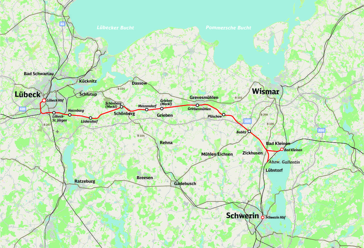 Rail upgrade - Route map of the Lübeck-Schwerin upgraded line