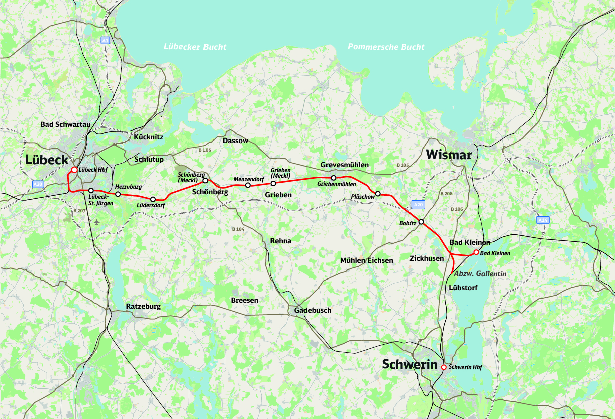 Bahnstrecke Lübeck Bad Kleinen - Streckenkarte Ausbaustrecke Lübeck-Schwerin