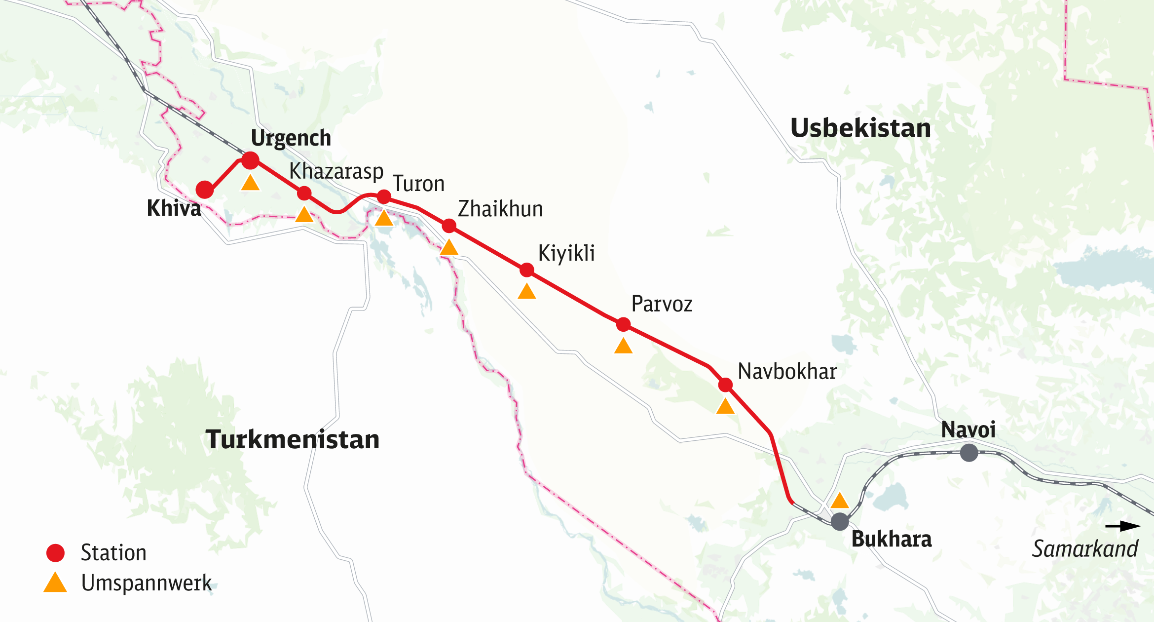 Eisenbahn Usbekistan: Streckenkarte des Elektrifizierungsprojekts
