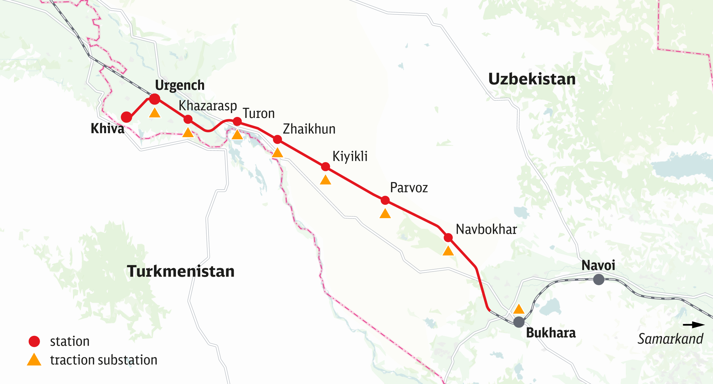 Rail electrification: route map Bukhara-Urgench-Khiva rail section