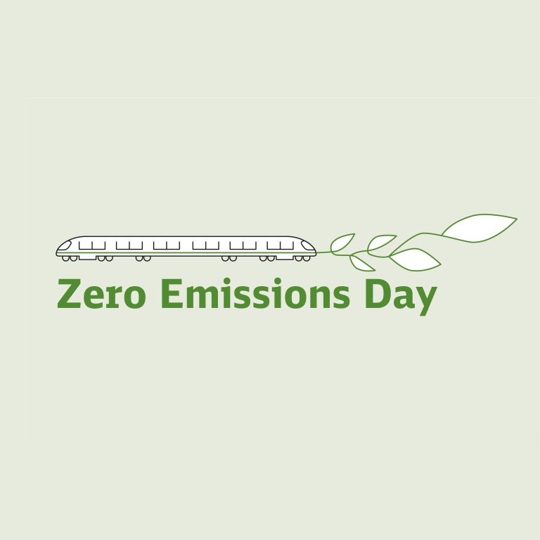 Zero emissions day logo - green train mit leaves on a green background
