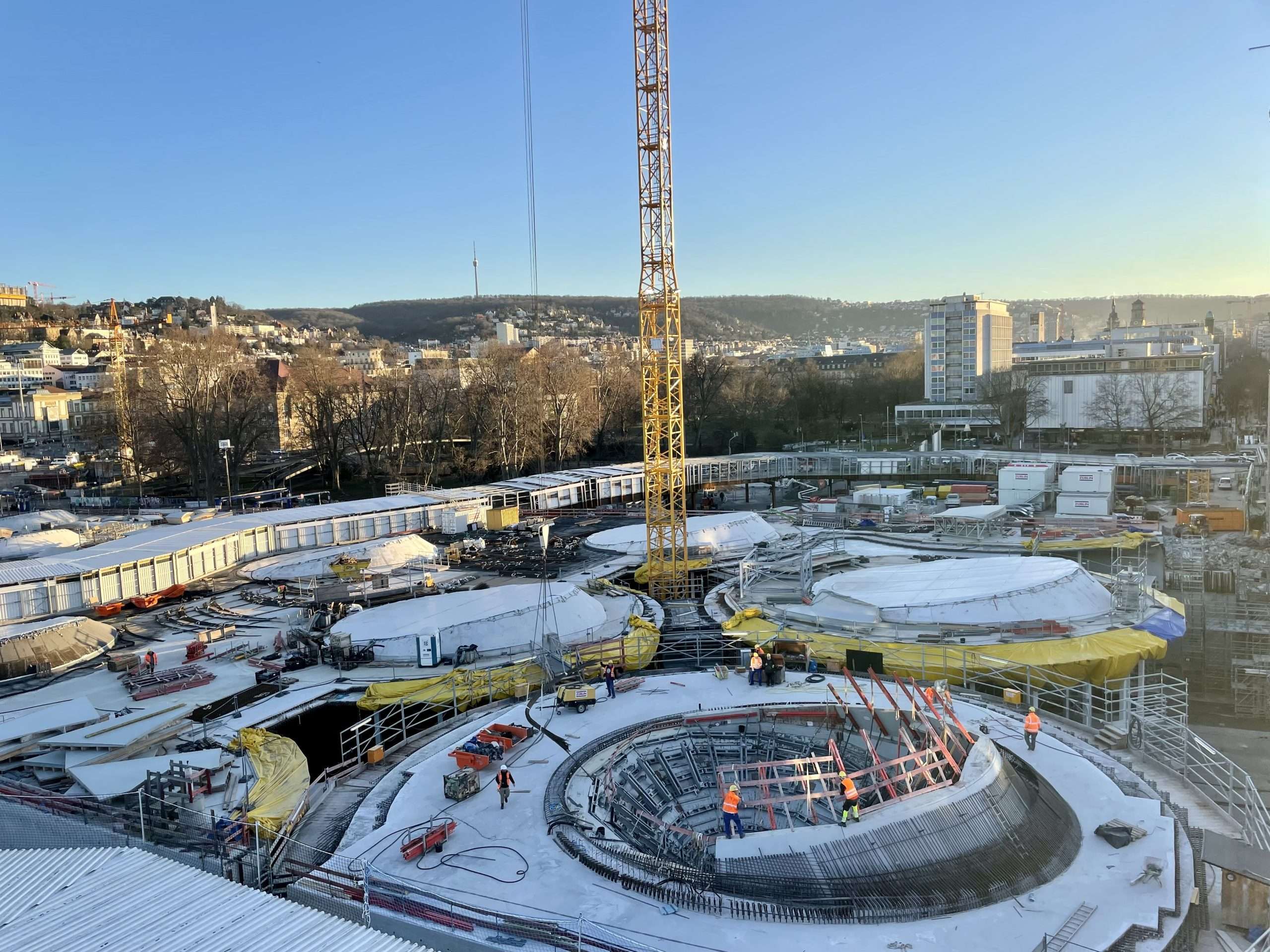 Southwest Germany: Construction site of Stuttgart 21 covered in snow