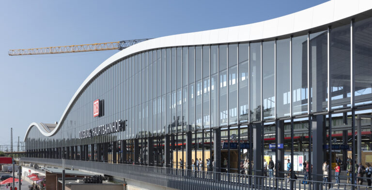 Exterior view of the track hall and blue sky in the background