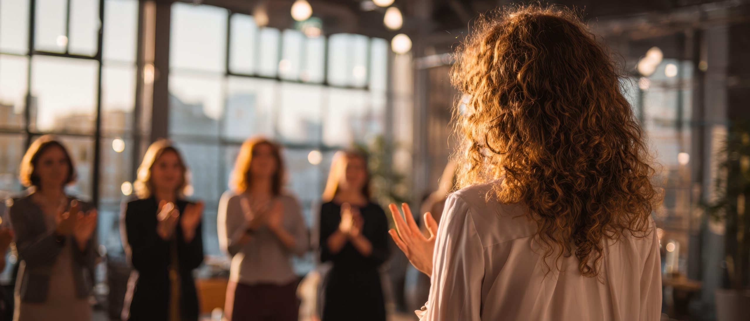 The woman presenting to an applauding audience in an inspiring workshop setting.