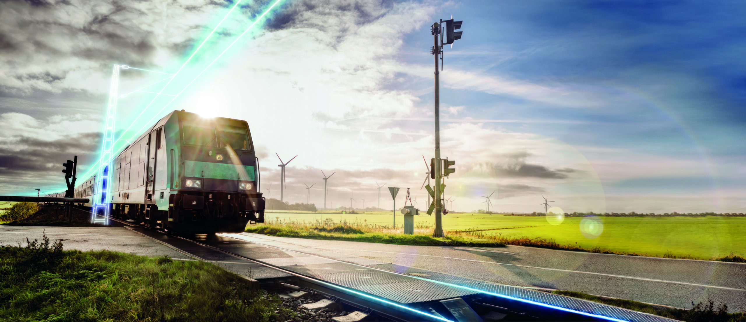 Zug auf der Marschbahn mit symbolischer Darstellung der Elektrifizierung.